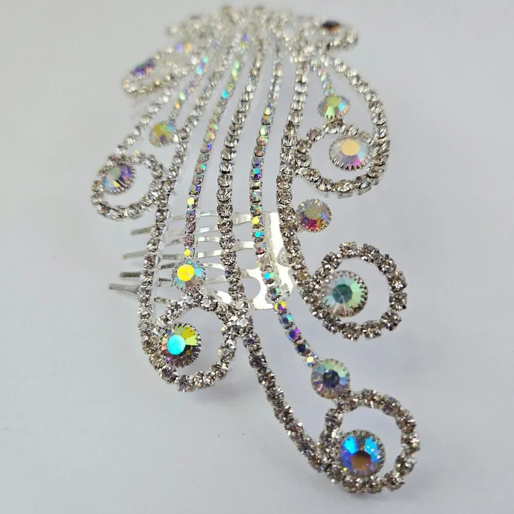 Aurora Borealis Bridal Hair Comb Rhinestone Silver Tone Wedding Formal Prom